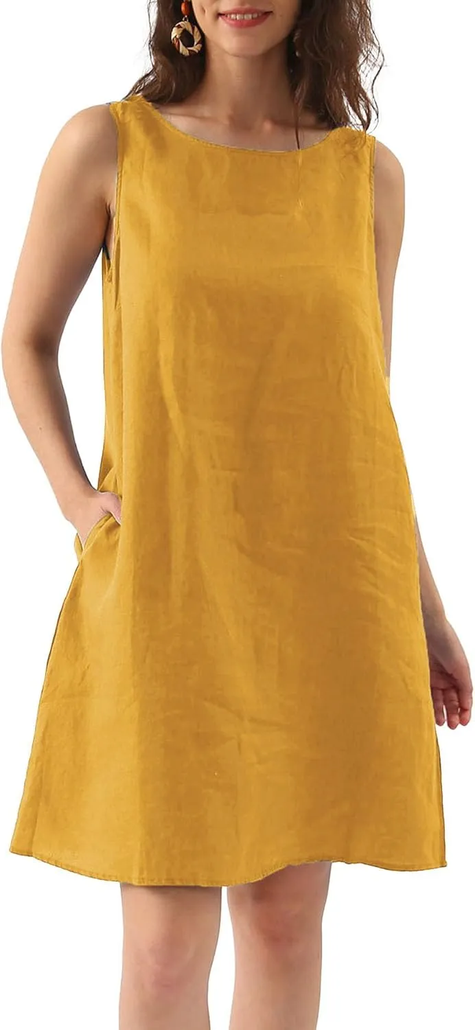 Amazhiyu Women's Linen Sleeveless Shift Dress with Pockets Crew Neck Casual Tank Dress