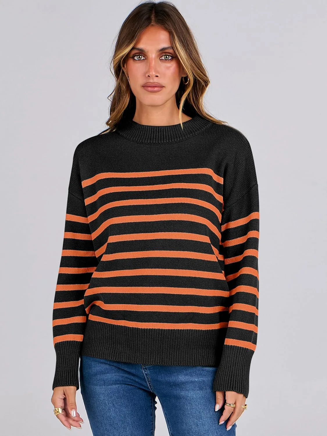 ANRABESS Women Fall Fashion Sweaters Striped Long Sleeve Crewneck Loose Fit Cozy Knit Trendy Pullover Sweater Tops