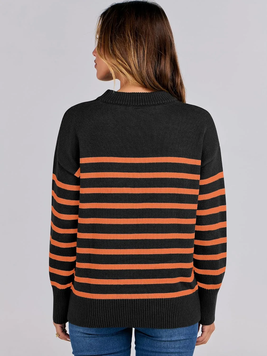 ANRABESS Women Fall Fashion Sweaters Striped Long Sleeve Crewneck Loose Fit Cozy Knit Trendy Pullover Sweater Tops