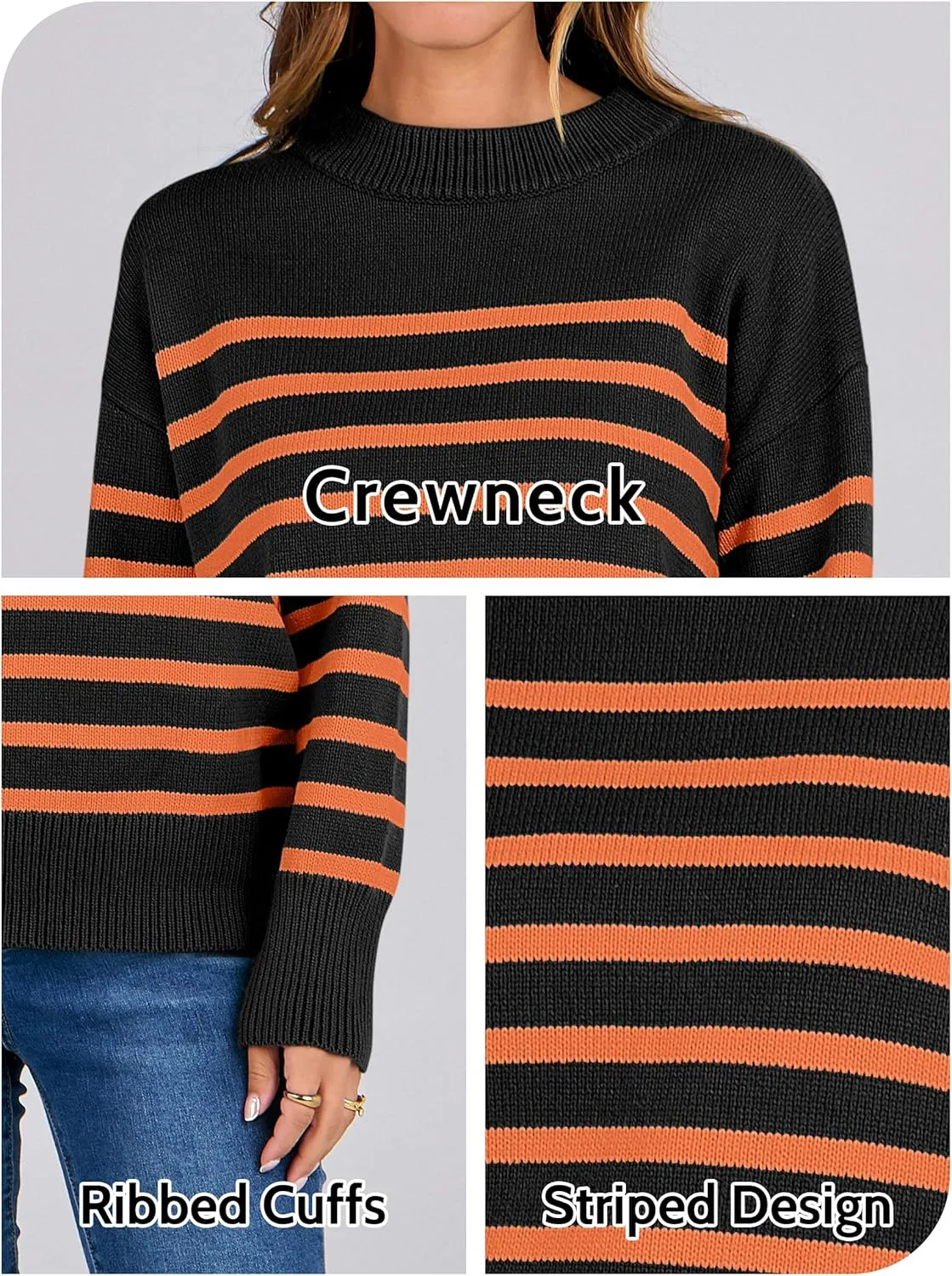 ANRABESS Women Fall Fashion Sweaters Striped Long Sleeve Crewneck Loose Fit Cozy Knit Trendy Pullover Sweater Tops