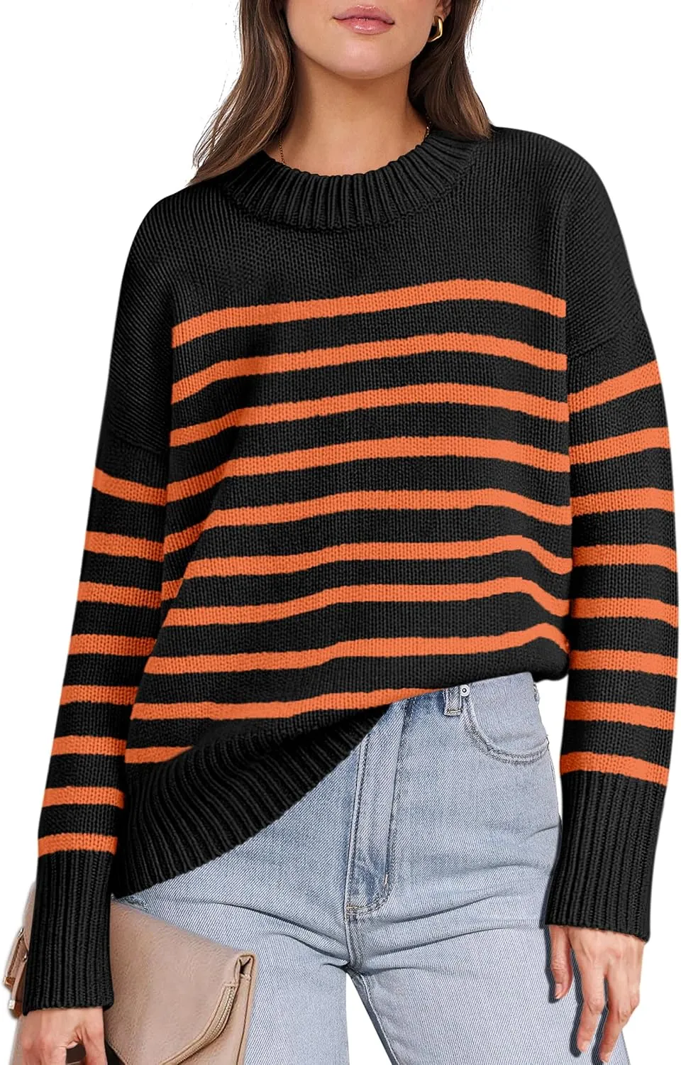 ANRABESS Women Fall Fashion Sweaters Striped Long Sleeve Crewneck Loose Fit Cozy Knit Trendy Pullover Sweater Tops