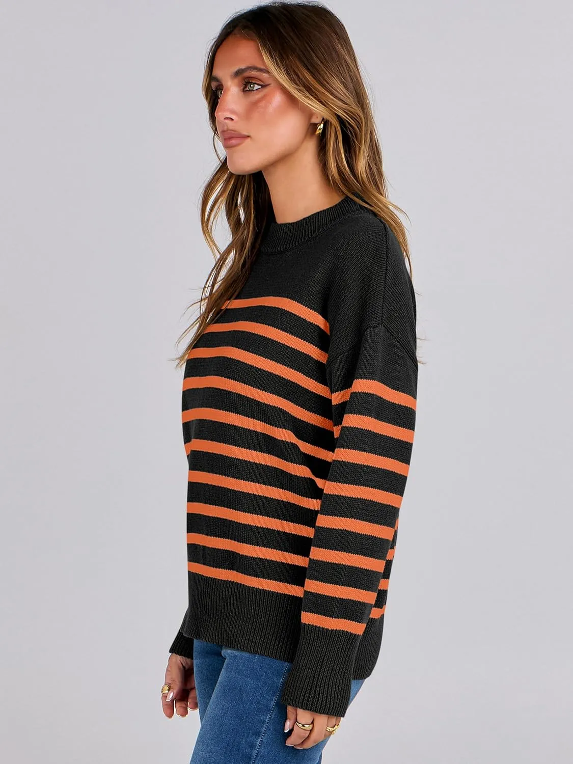ANRABESS Women Fall Fashion Sweaters Striped Long Sleeve Crewneck Loose Fit Cozy Knit Trendy Pullover Sweater Tops