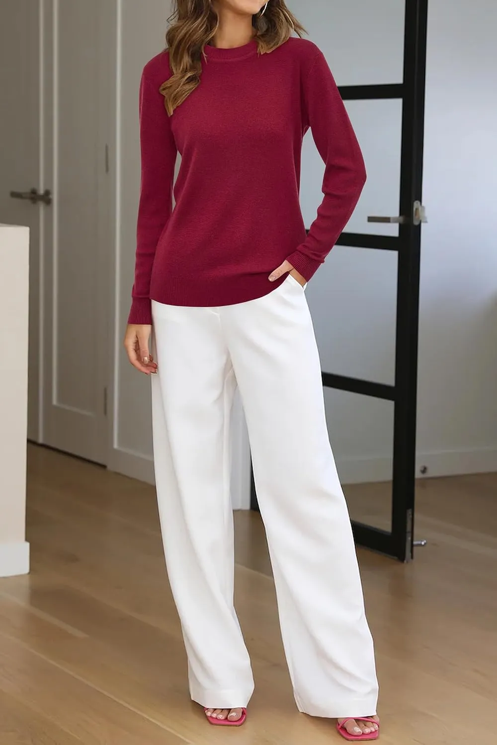 Arach&Cloz Women Spring Fashion Wool Blend Sweater 2025 Long Sleeve Crew Neck Business Casual Pullover Tops Trendy Outfits