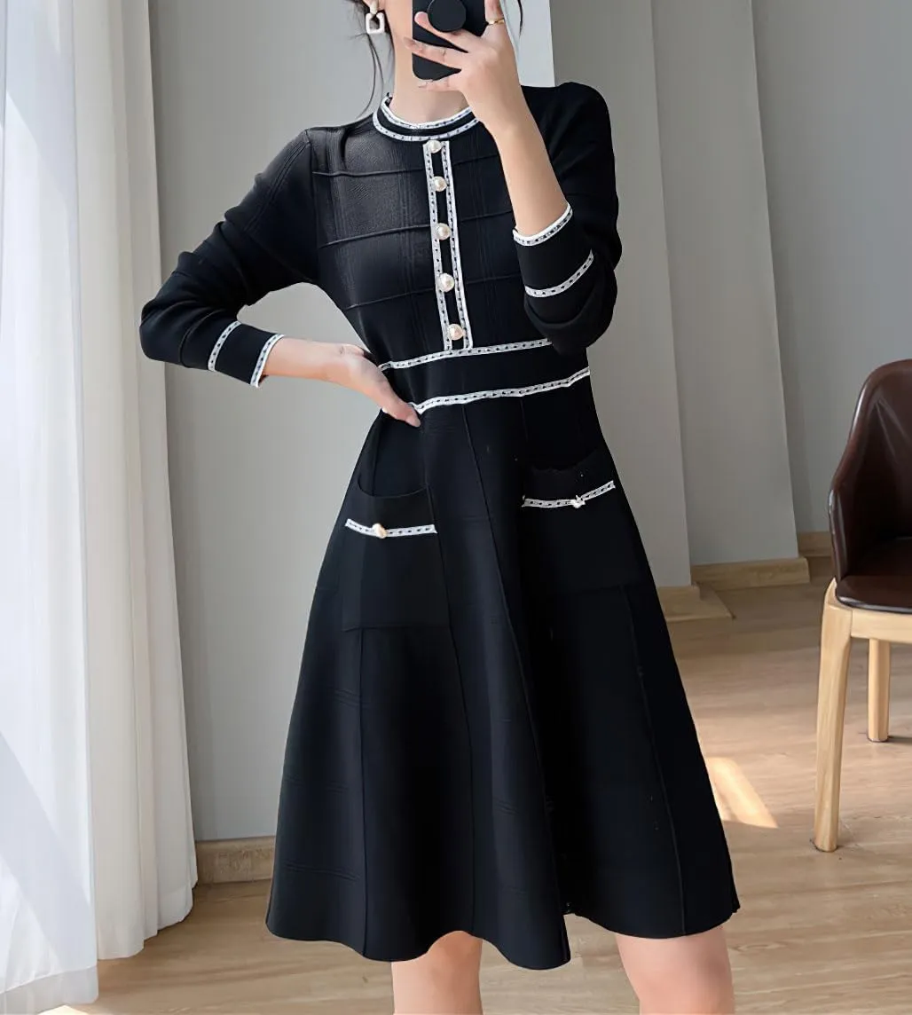 chouyatou Women's Contrast Striped Bodycon Knit Sweater Dress Crew Neck Swing Sweater Midi Dress with Pockets