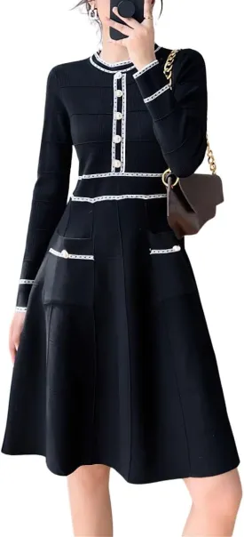 chouyatou Women's Contrast Striped Bodycon Knit Sweater Dress Crew Neck Swing Sweater Midi Dress with Pockets chouyatou Women's Contrast Striped Bodycon Knit Sweater Dress Crew Neck Swing Sweater Midi Dress with Pockets