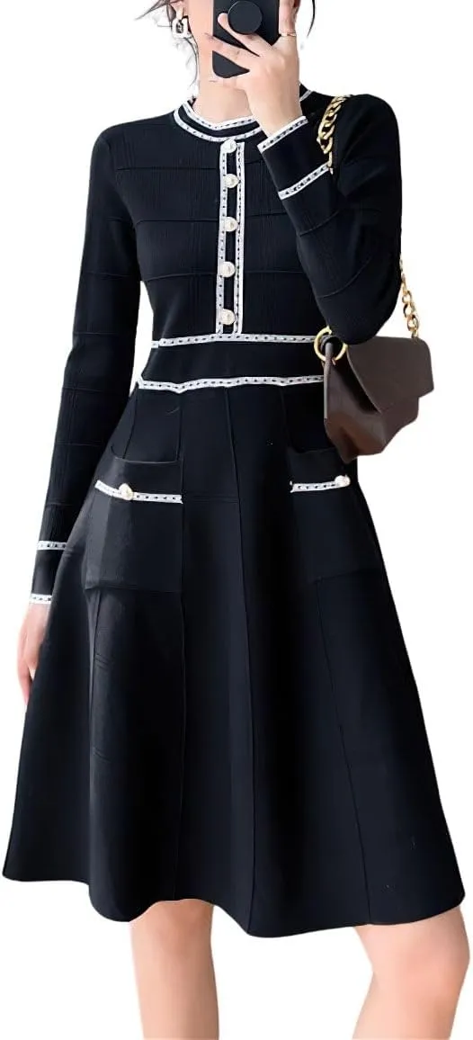 chouyatou Women's Contrast Striped Bodycon Knit Sweater Dress Crew Neck Swing Sweater Midi Dress with Pockets