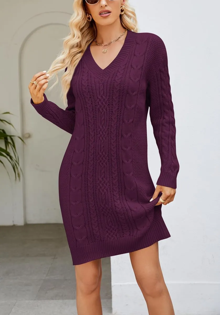 chouyatou Women's Sexy V Neck Sweater Dress Fall Winter Pullover Long Sleeve Mini Cable Knitted Dress