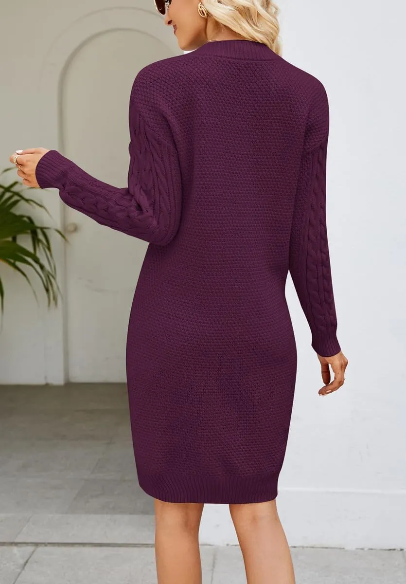 chouyatou Women's Sexy V Neck Sweater Dress Fall Winter Pullover Long Sleeve Mini Cable Knitted Dress