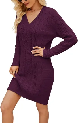 chouyatou Women's Sexy V Neck Sweater Dress Fall Winter Pullover Long Sleeve Mini Cable Knitted Dress chouyatou Women's Sexy V Neck Sweater Dress Fall Winter Pullover Long Sleeve Mini Cable Knitted Dress