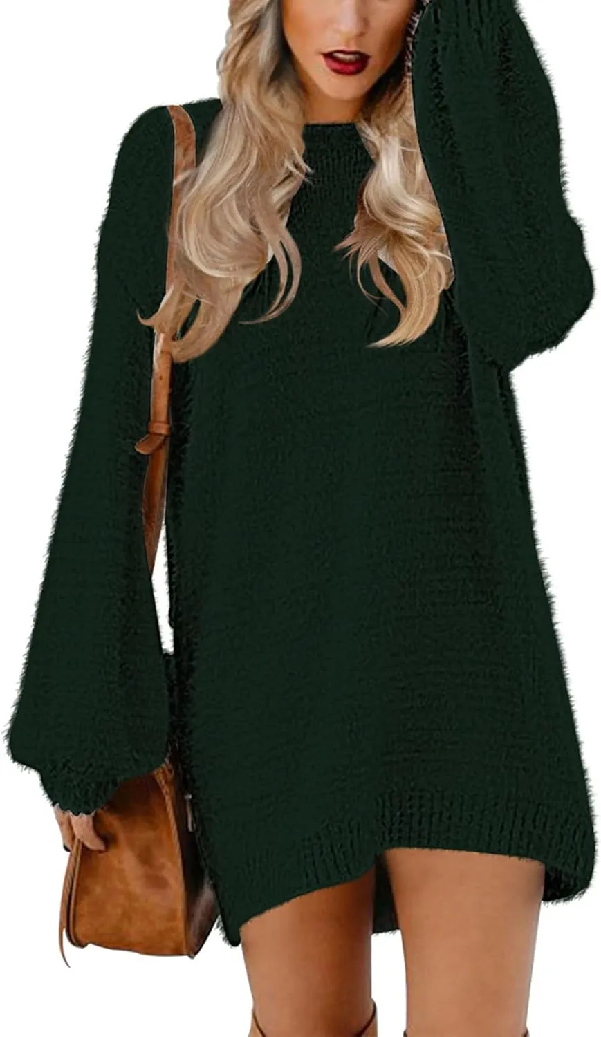 Cutiefox Women's Furry Oversized Crew Neck Pullover Sweater Mini Dress