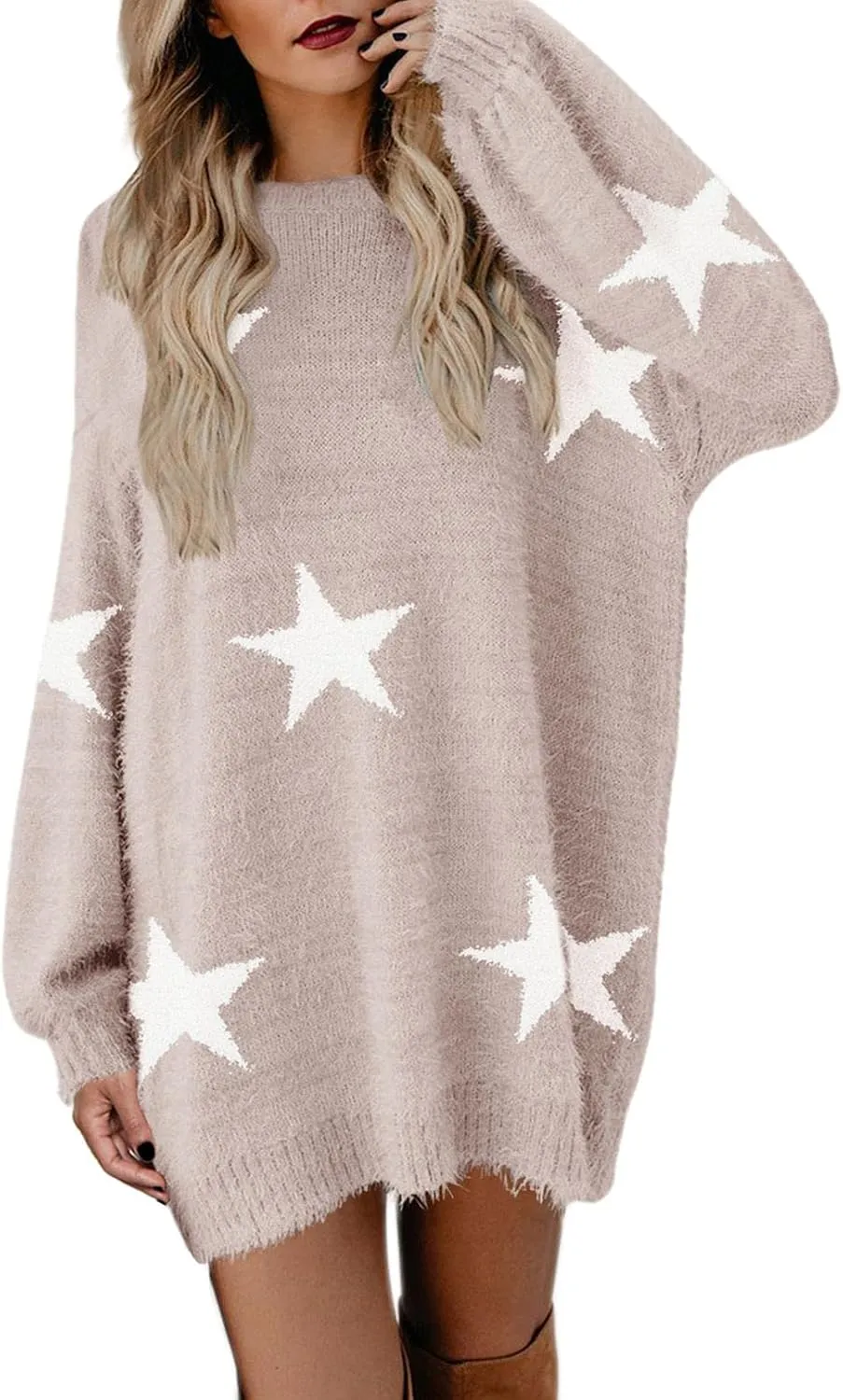 Cutiefox Women's Furry Oversized Crew Neck Pullover Sweater Mini Dress