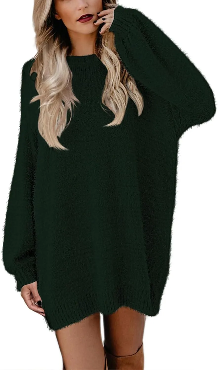 Cutiefox Women's Furry Oversized Crew Neck Pullover Sweater Mini Dress