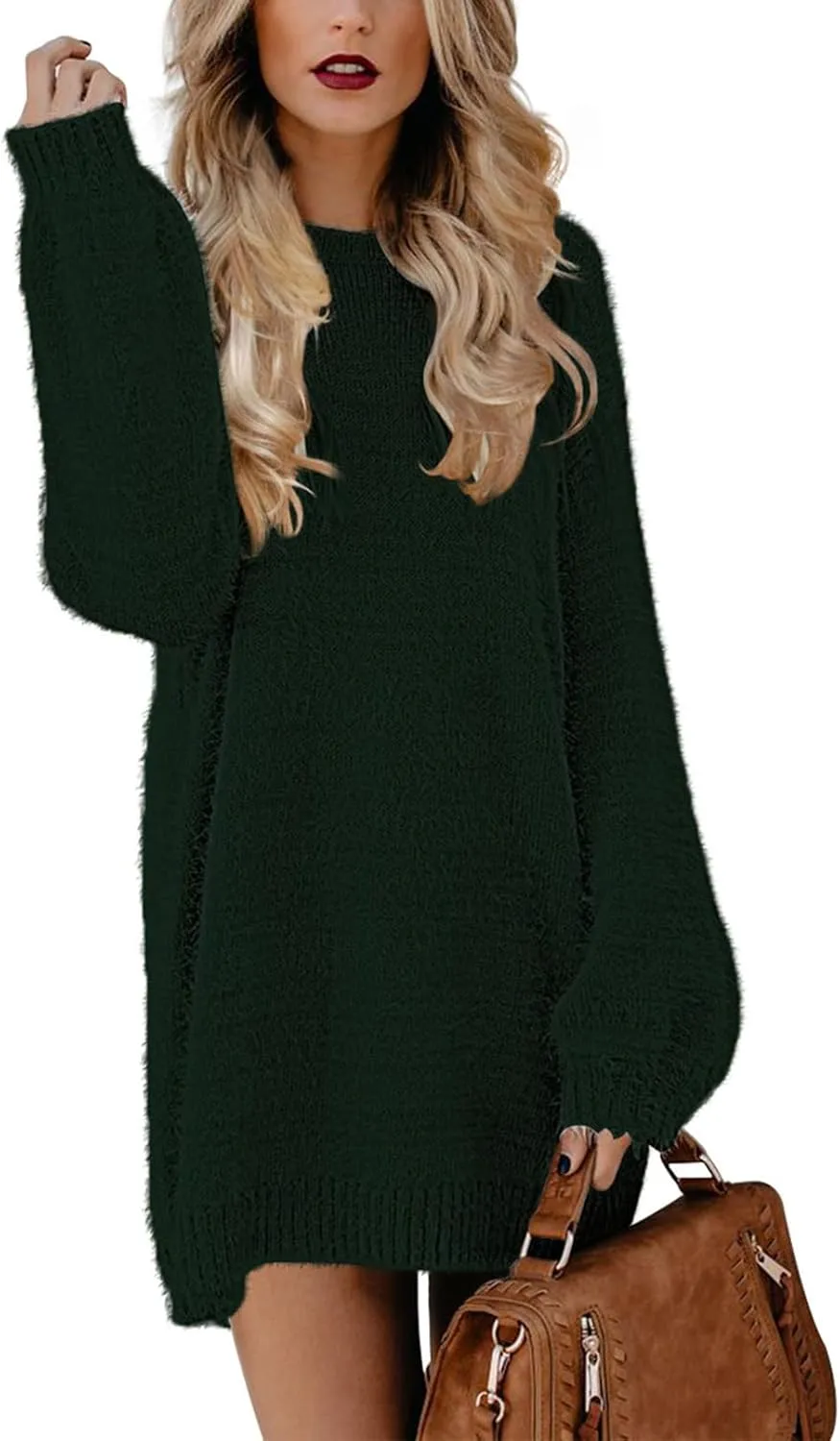 Cutiefox Women's Furry Oversized Crew Neck Pullover Sweater Mini Dress