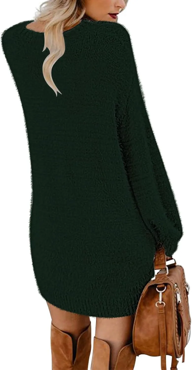 Cutiefox Women's Furry Oversized Crew Neck Pullover Sweater Mini Dress