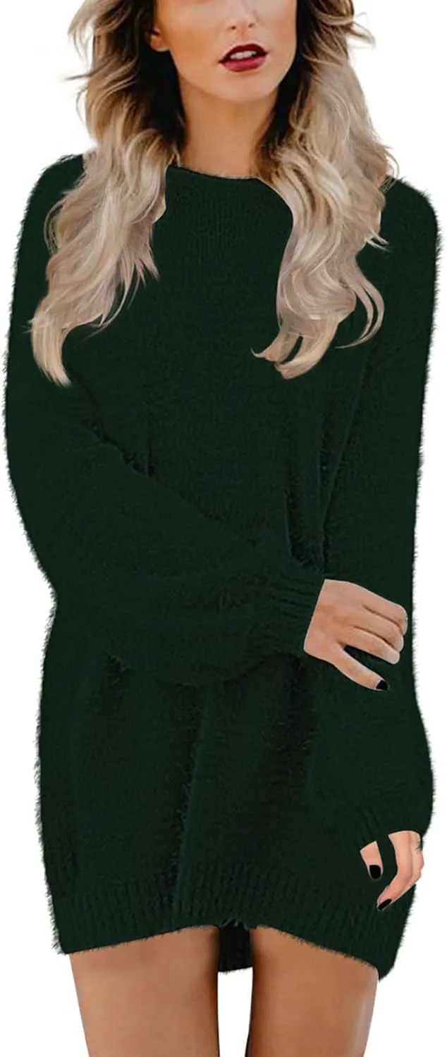 Cutiefox Women's Furry Oversized Crew Neck Pullover Sweater Mini Dress