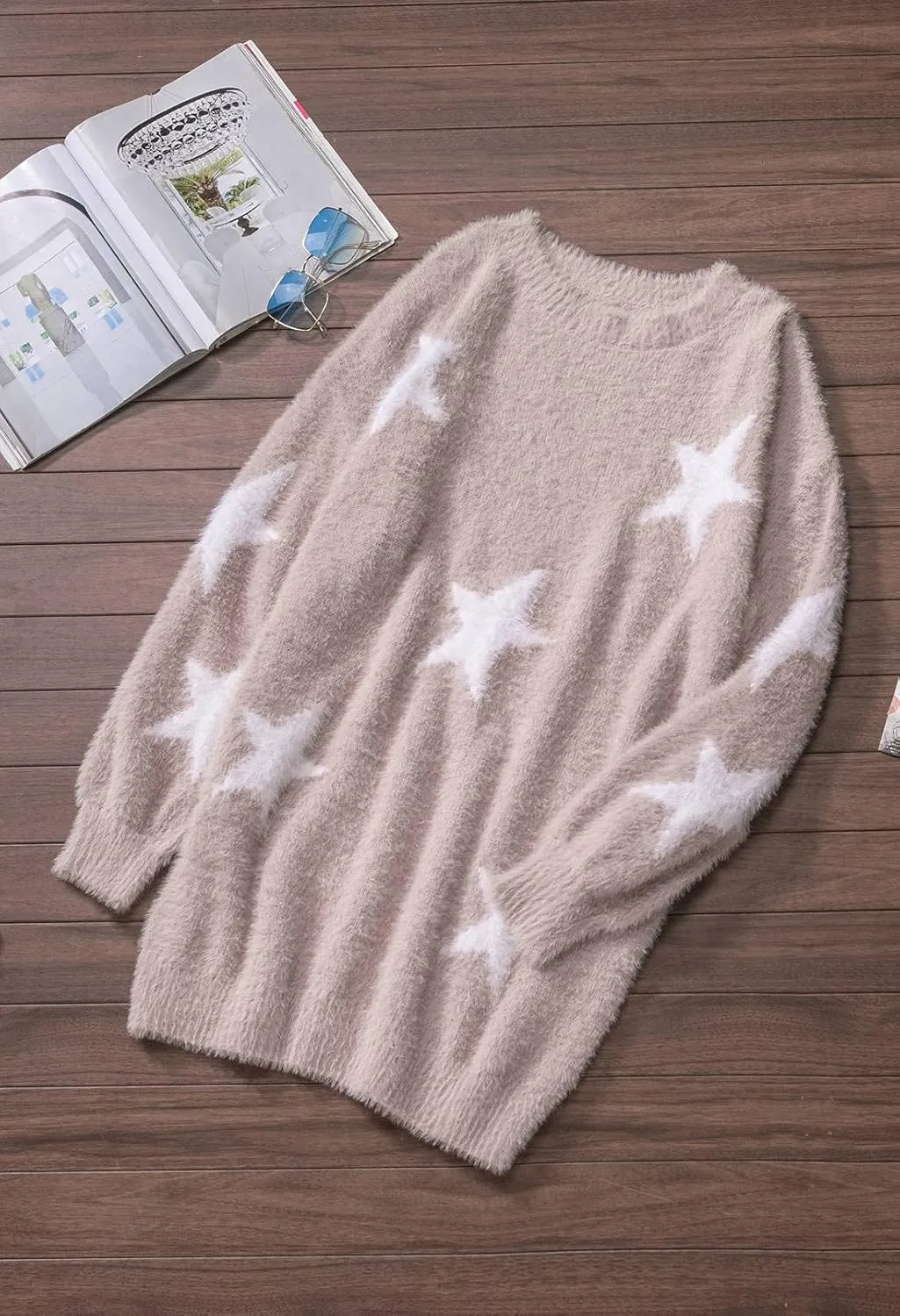 Cutiefox Women's Furry Oversized Crew Neck Pullover Sweater Mini Dress