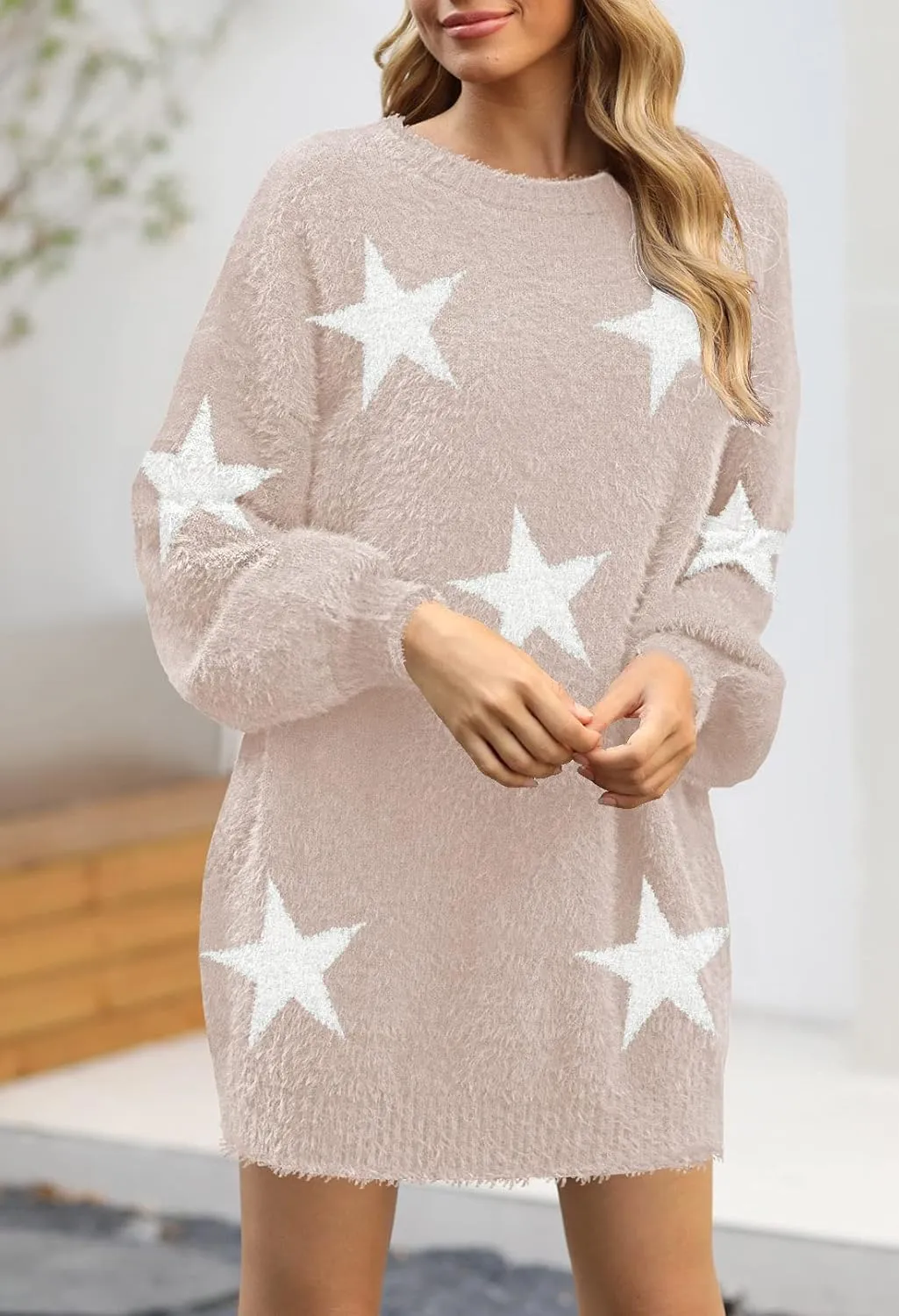 Cutiefox Women's Furry Oversized Crew Neck Pullover Sweater Mini Dress