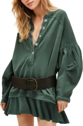 D-Sun Women Casual Oversized Sweatshirt Mini Dress Long Sleeves V-Neck Button Down Ruffled A-line Flowy Pullover Dress