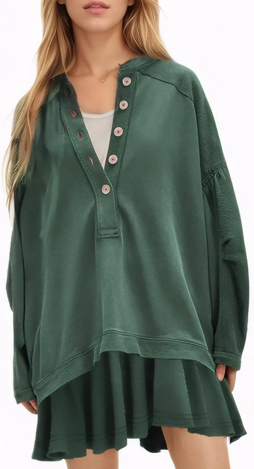 D-Sun Women Casual Oversized Sweatshirt Mini Dress Long Sleeves V-Neck Button Down Ruffled A-line Flowy Pullover Dress