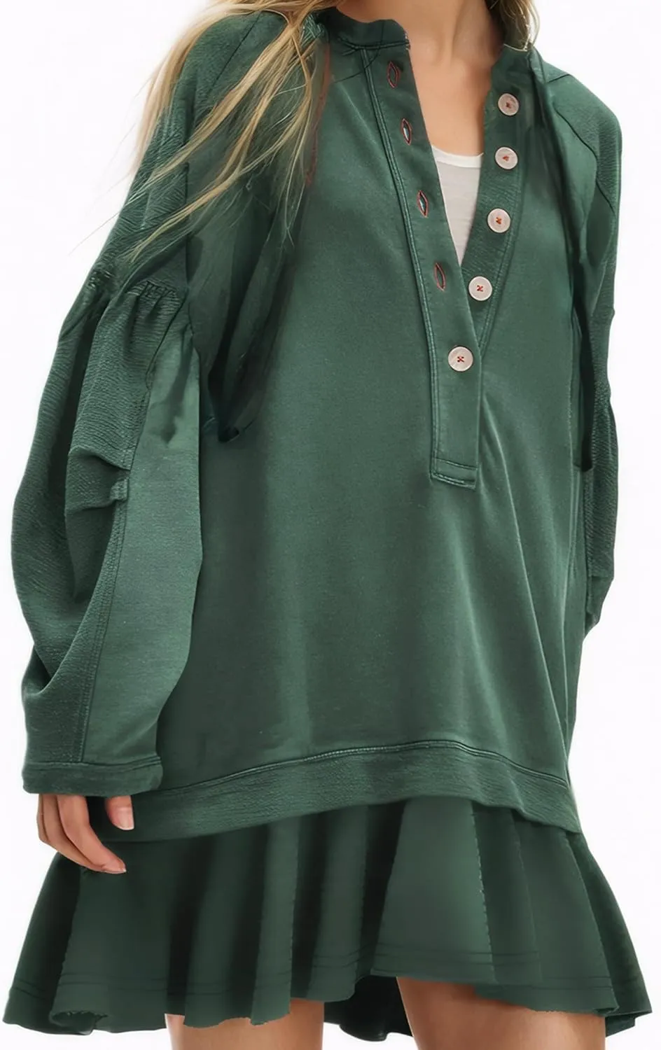 D-Sun Women Casual Oversized Sweatshirt Mini Dress Long Sleeves V-Neck Button Down Ruffled A-line Flowy Pullover Dress