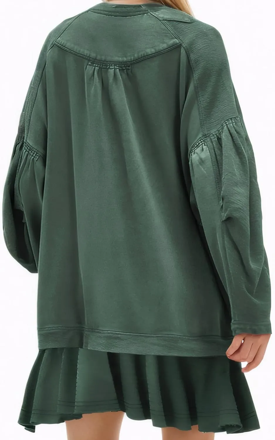 D-Sun Women Casual Oversized Sweatshirt Mini Dress Long Sleeves V-Neck Button Down Ruffled A-line Flowy Pullover Dress