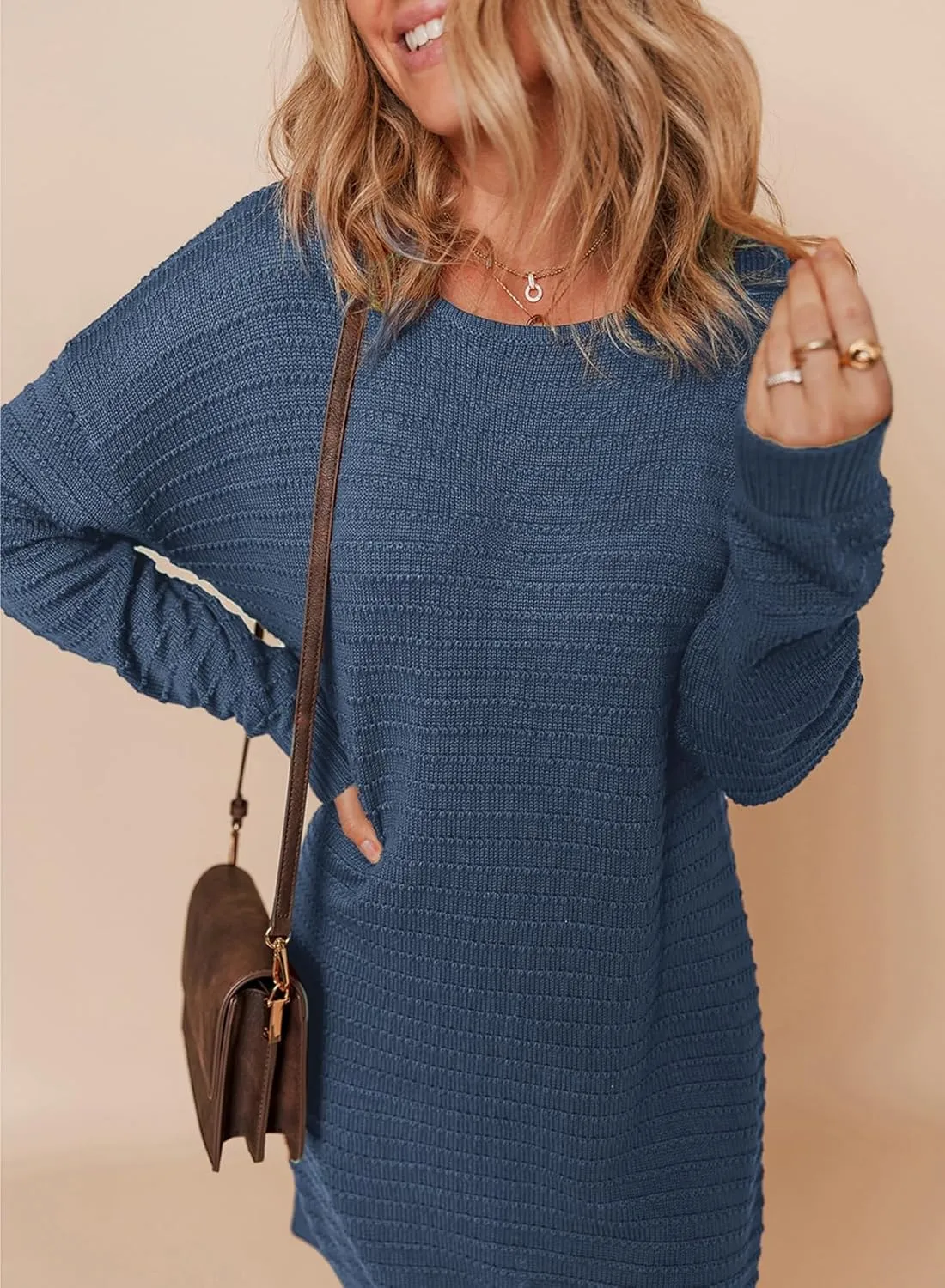 Dokotoo Womens Sweater Dresses 2024 Trendy Casual Crew Neck Long Sleeve Textured Pullover Knit Dress