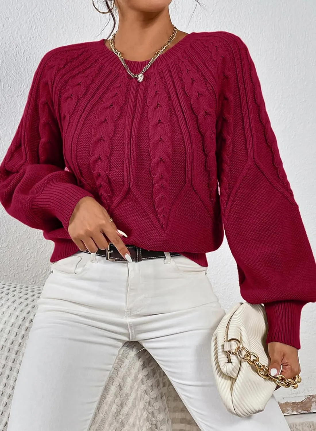 Dokotoo Womens Sweaters Crewneck Long Sleeve Cable Knit Chunky Sweater Tops Fashion 2024 Fall Outifits