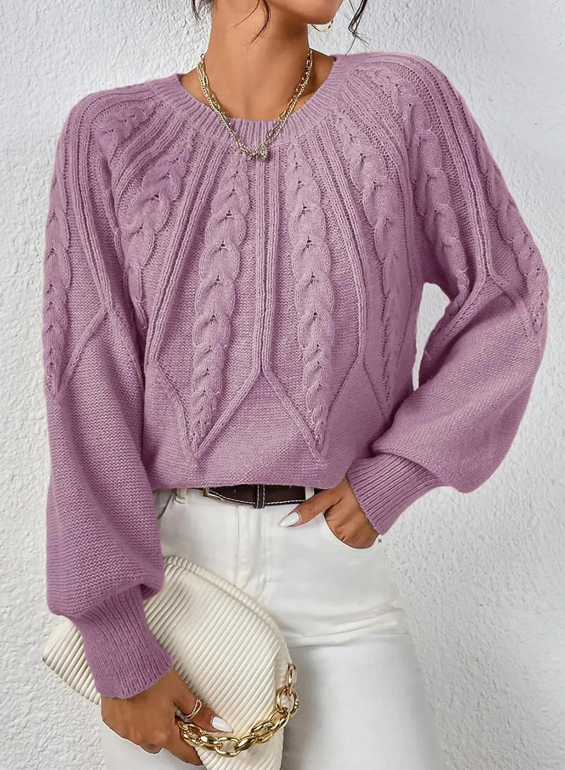 Dokotoo Womens Sweaters Crewneck Long Sleeve Cable Knit Chunky Sweater Tops Fashion 2024 Fall Outifits