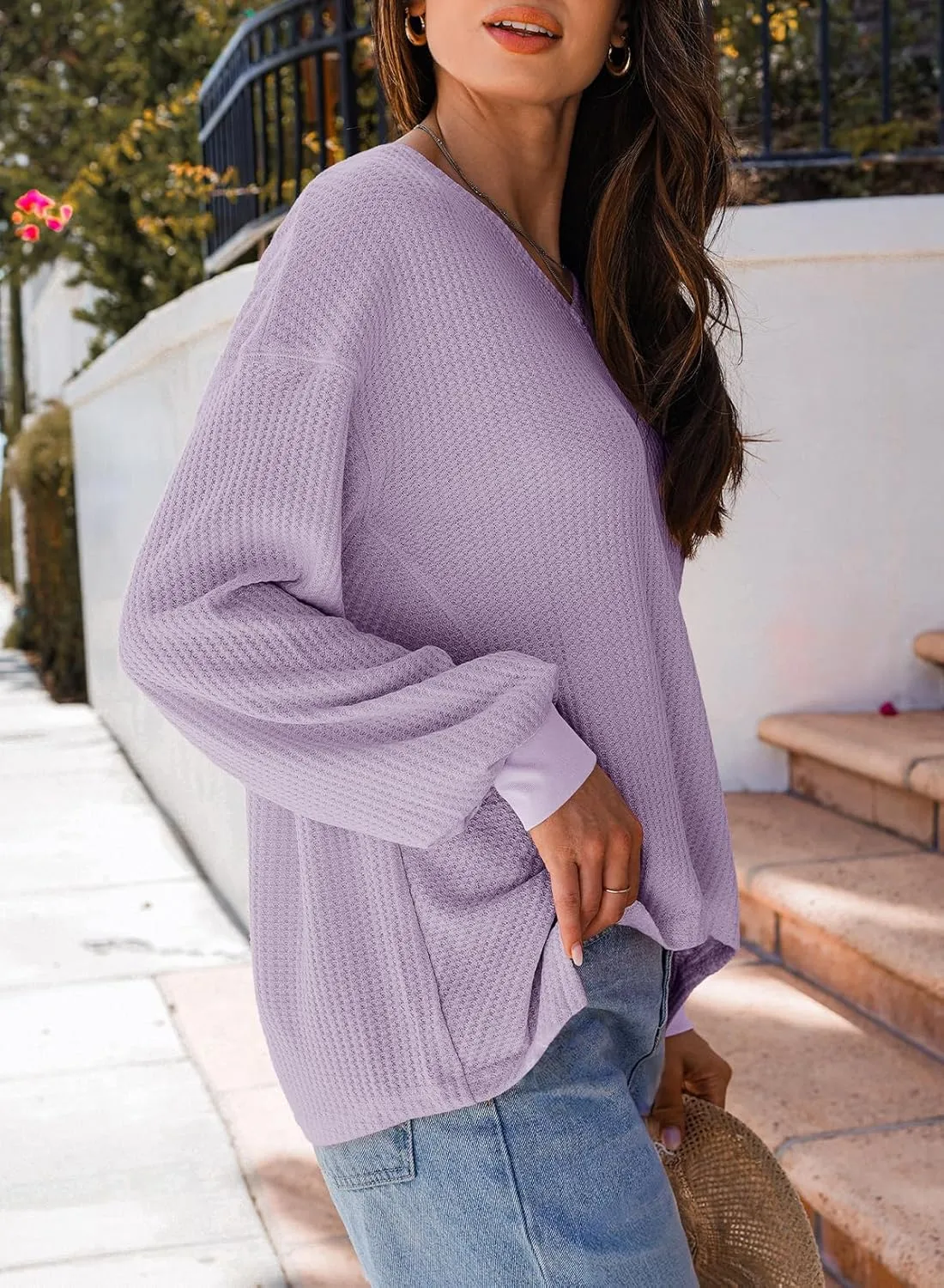 Dokotoo Womens Waffle Knit Tops Fashion 2025 Long Lantern Sleeve Casual Blouses V Neck Oversized T Shirts