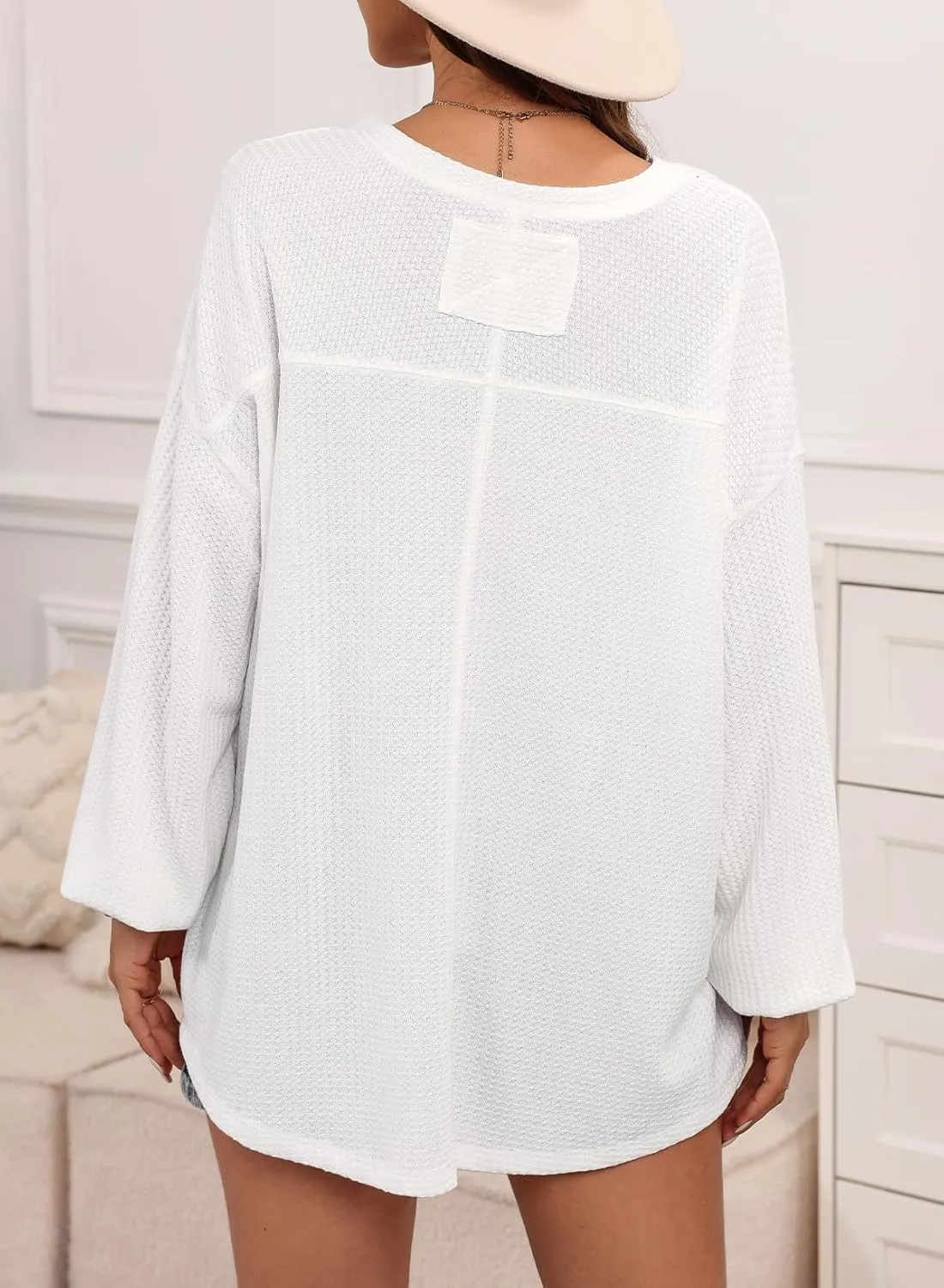 Dokotoo Womens Waffle Knit Tops Fashion 2025 Long Lantern Sleeve Casual Blouses V Neck Oversized T Shirts