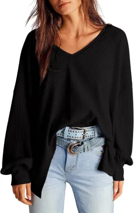 Dokotoo Womens Waffle Knit Tops Fashion 2025 Long Lantern Sleeve Casual Blouses V Neck Oversized T Shirts