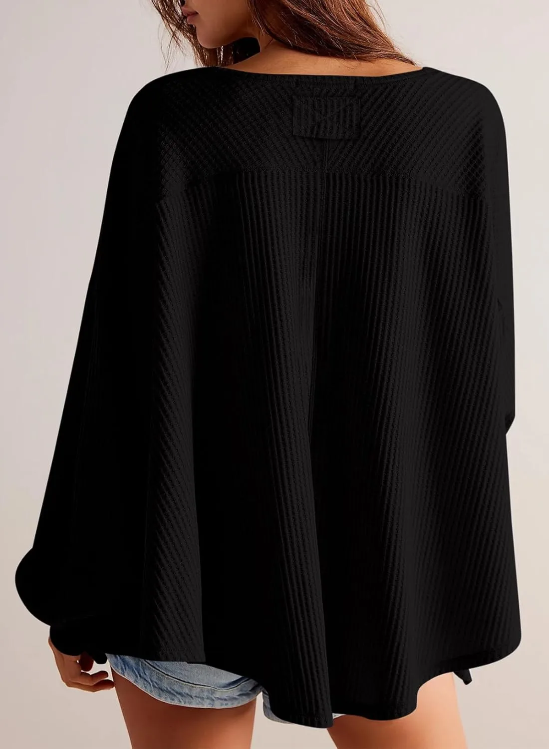 Dokotoo Womens Waffle Knit Tops Fashion 2025 Long Lantern Sleeve Casual Blouses V Neck Oversized T Shirts