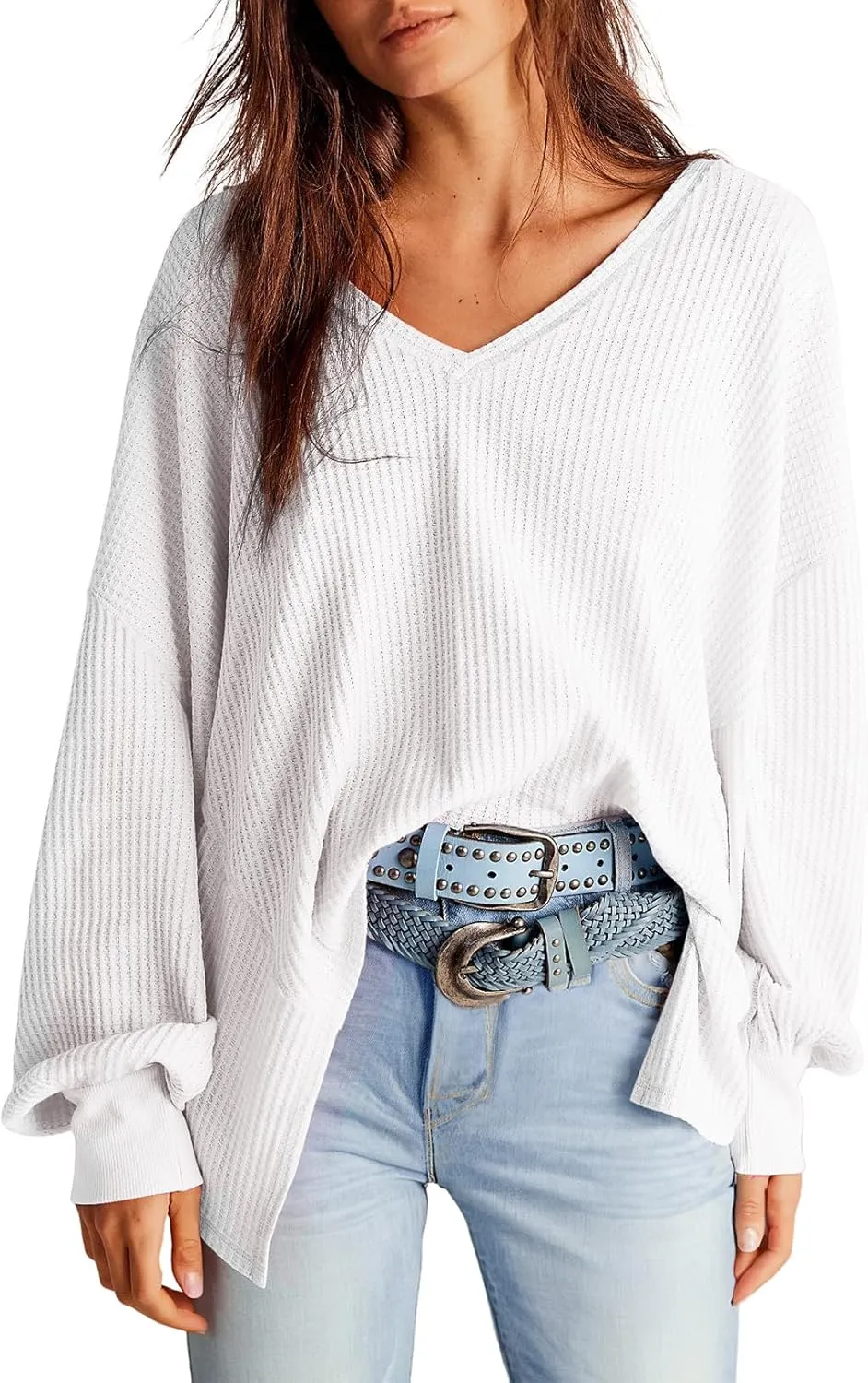 Dokotoo Womens Waffle Knit Tops Fashion 2025 Long Lantern Sleeve Casual Blouses V Neck Oversized T Shirts