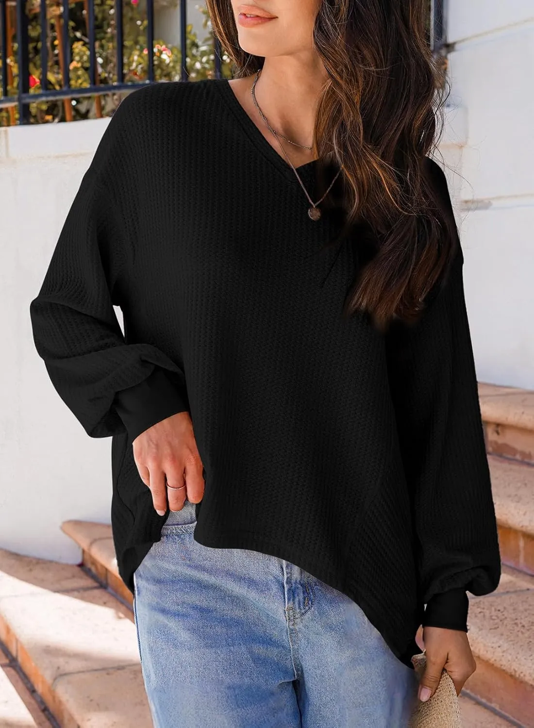 Dokotoo Womens Waffle Knit Tops Fashion 2025 Long Lantern Sleeve Casual Blouses V Neck Oversized T Shirts