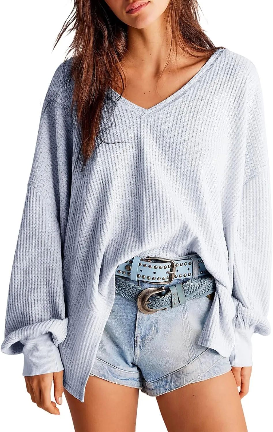 Dokotoo Womens Waffle Knit Tops Fashion 2025 Long Lantern Sleeve Casual Blouses V Neck Oversized T Shirts