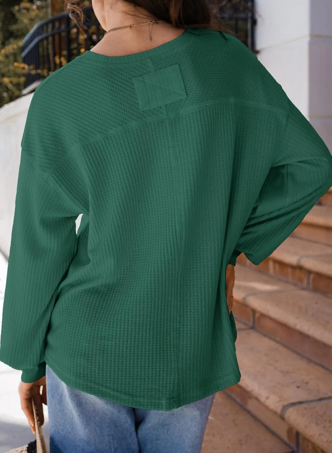 Dokotoo Womens Waffle Knit Tops Fashion 2025 Long Lantern Sleeve Casual Blouses V Neck Oversized T Shirts