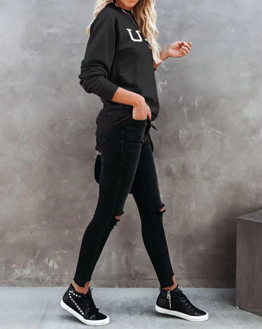Dressmine Womens USA Shirt Casual Long Sleeve Graphic Tees Knit Crew Neck Sweatshirts Loose Pullover