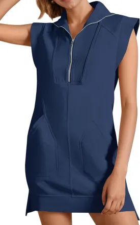 Fisoew Womens Summer Half Zip Sweatshirt Dresses V Neck Collared Sleeveless Workout Tunic Mini Dress