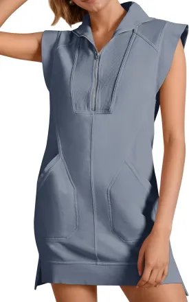 Fisoew Womens Summer Half Zip Sweatshirt Dresses V Neck Collared Sleeveless Workout Tunic Mini Dress