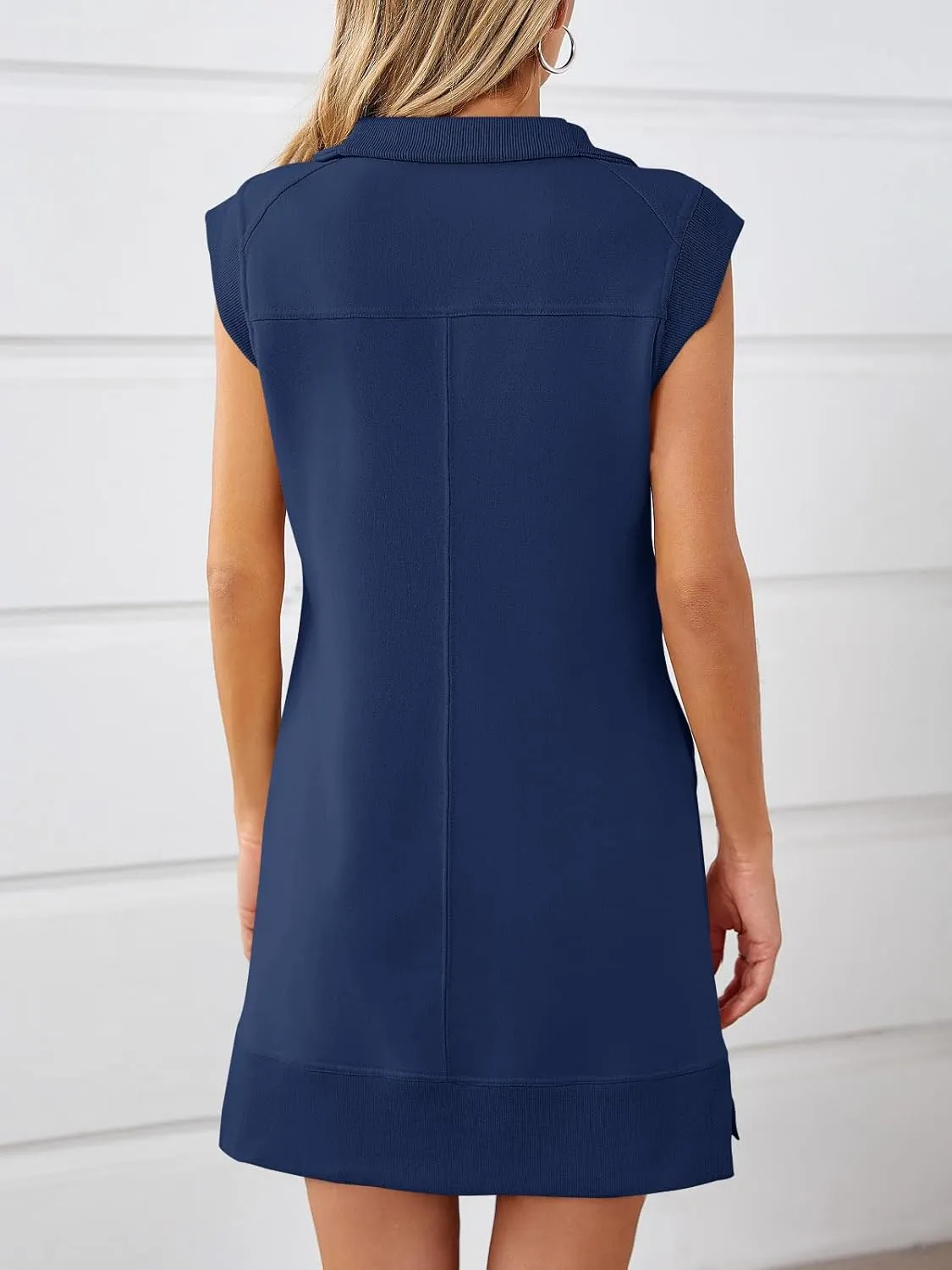 Fisoew Womens Summer Half Zip Sweatshirt Dresses V Neck Collared Sleeveless Workout Tunic Mini Dress