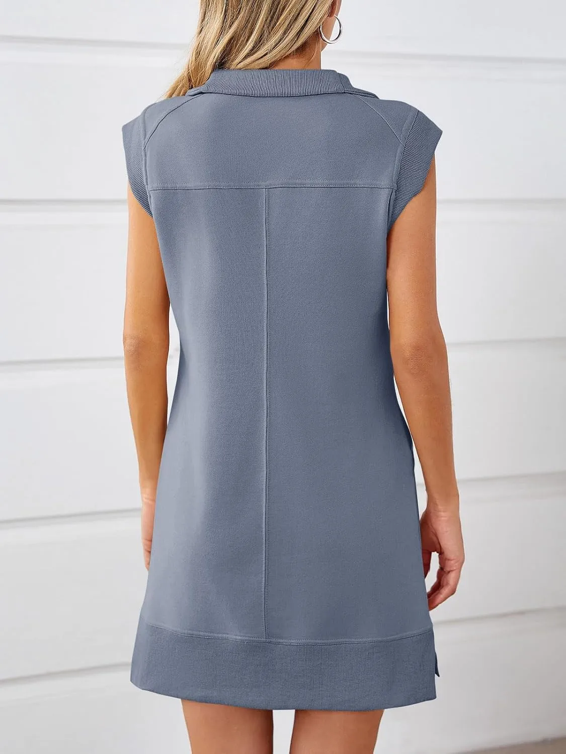 Fisoew Womens Summer Half Zip Sweatshirt Dresses V Neck Collared Sleeveless Workout Tunic Mini Dress