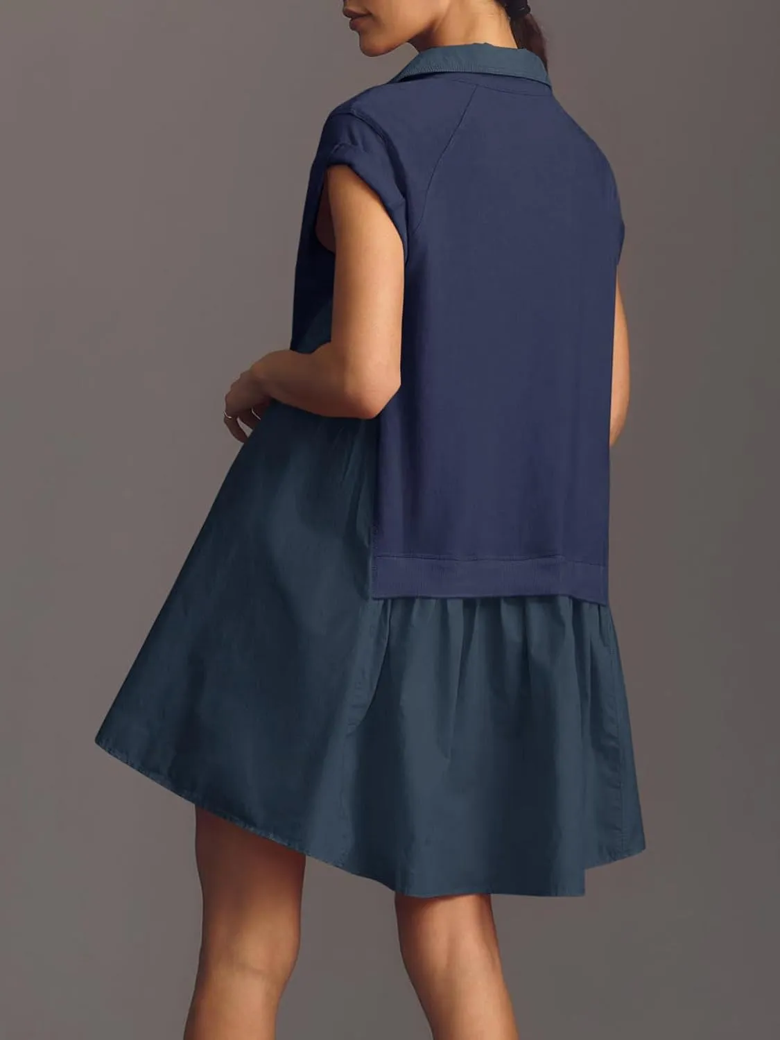 Fisoew Womens Summer Sweatshirt Dresses Short Sleeve V Neck Casual Oversized Patchwork Mini Dress