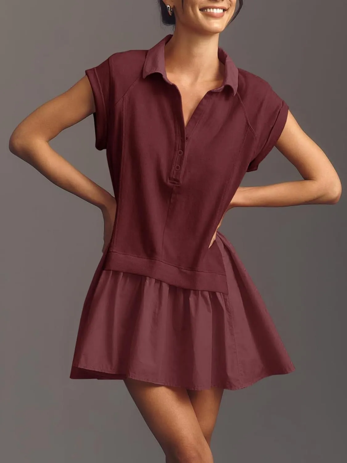 Fisoew Womens Summer Sweatshirt Dresses Short Sleeve V Neck Casual Oversized Patchwork Mini Dress