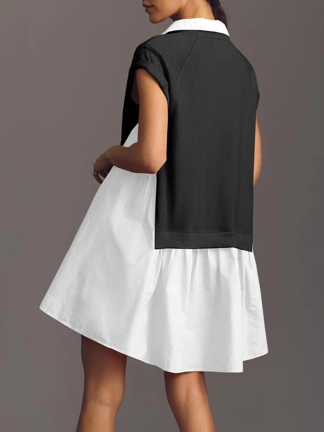 Fisoew Womens Summer Sweatshirt Dresses Short Sleeve V Neck Casual Oversized Patchwork Mini Dress