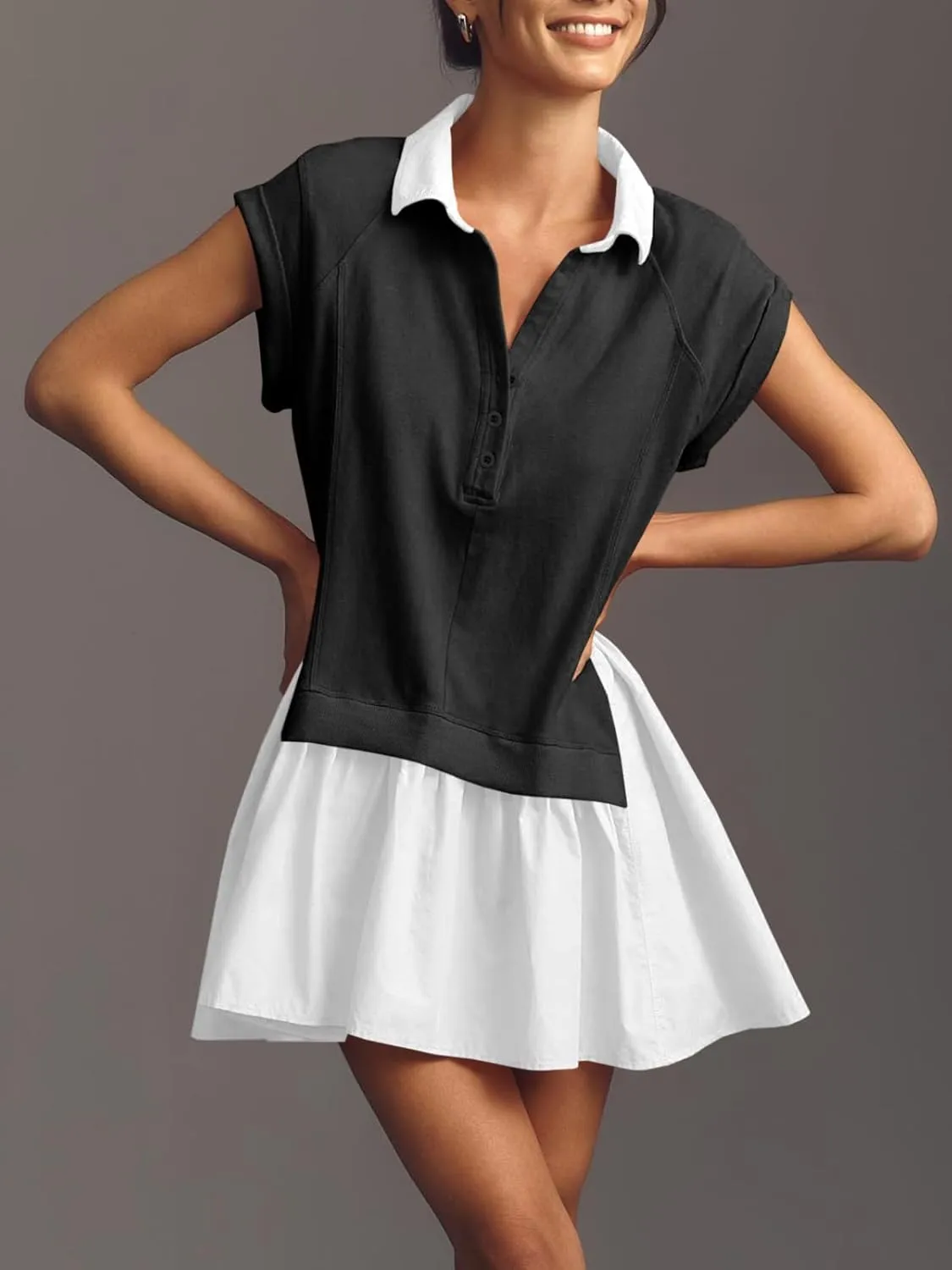 Fisoew Womens Summer Sweatshirt Dresses Short Sleeve V Neck Casual Oversized Patchwork Mini Dress