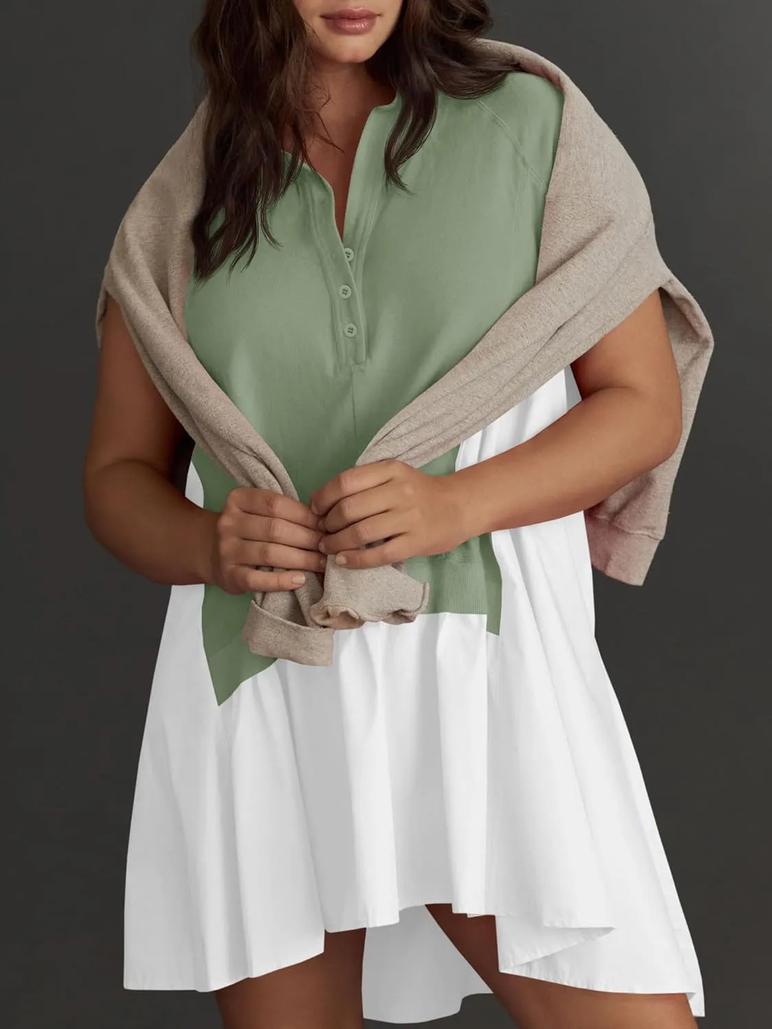 Fisoew Womens Summer Sweatshirt Dresses Short Sleeve V Neck Casual Oversized Patchwork Mini Dress