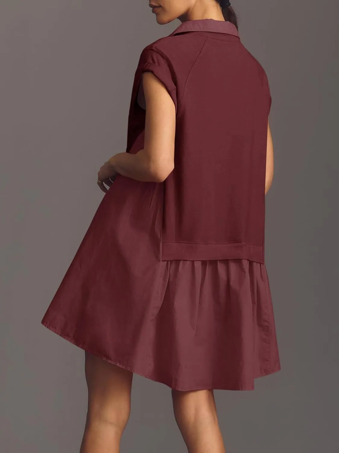 Fisoew Womens Summer Sweatshirt Dresses Short Sleeve V Neck Casual Oversized Patchwork Mini Dress