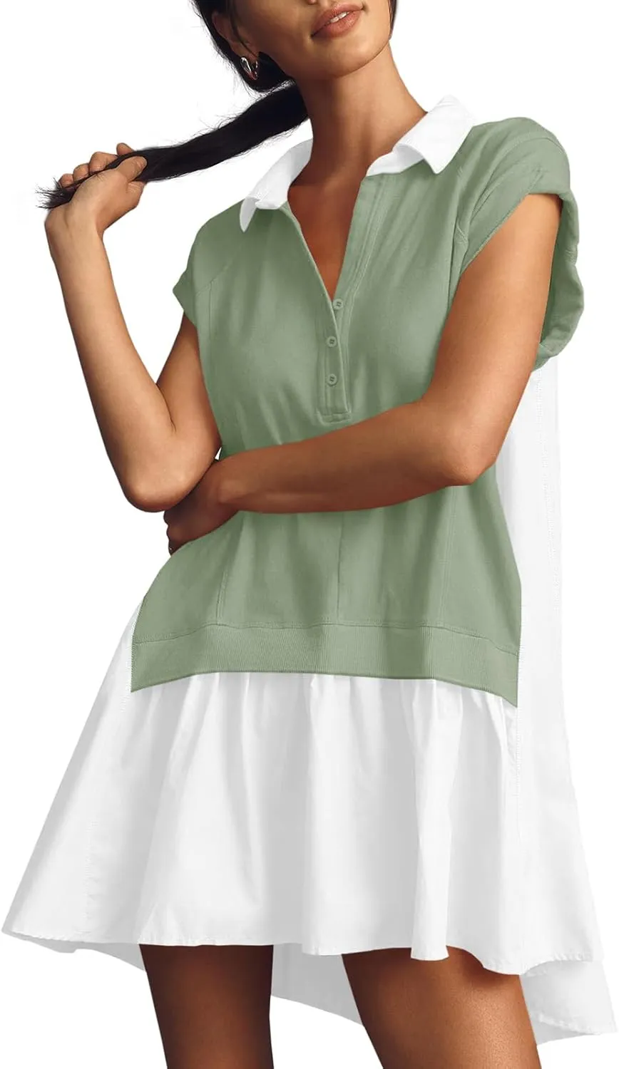 Fisoew Womens Summer Sweatshirt Dresses Short Sleeve V Neck Casual Oversized Patchwork Mini Dress