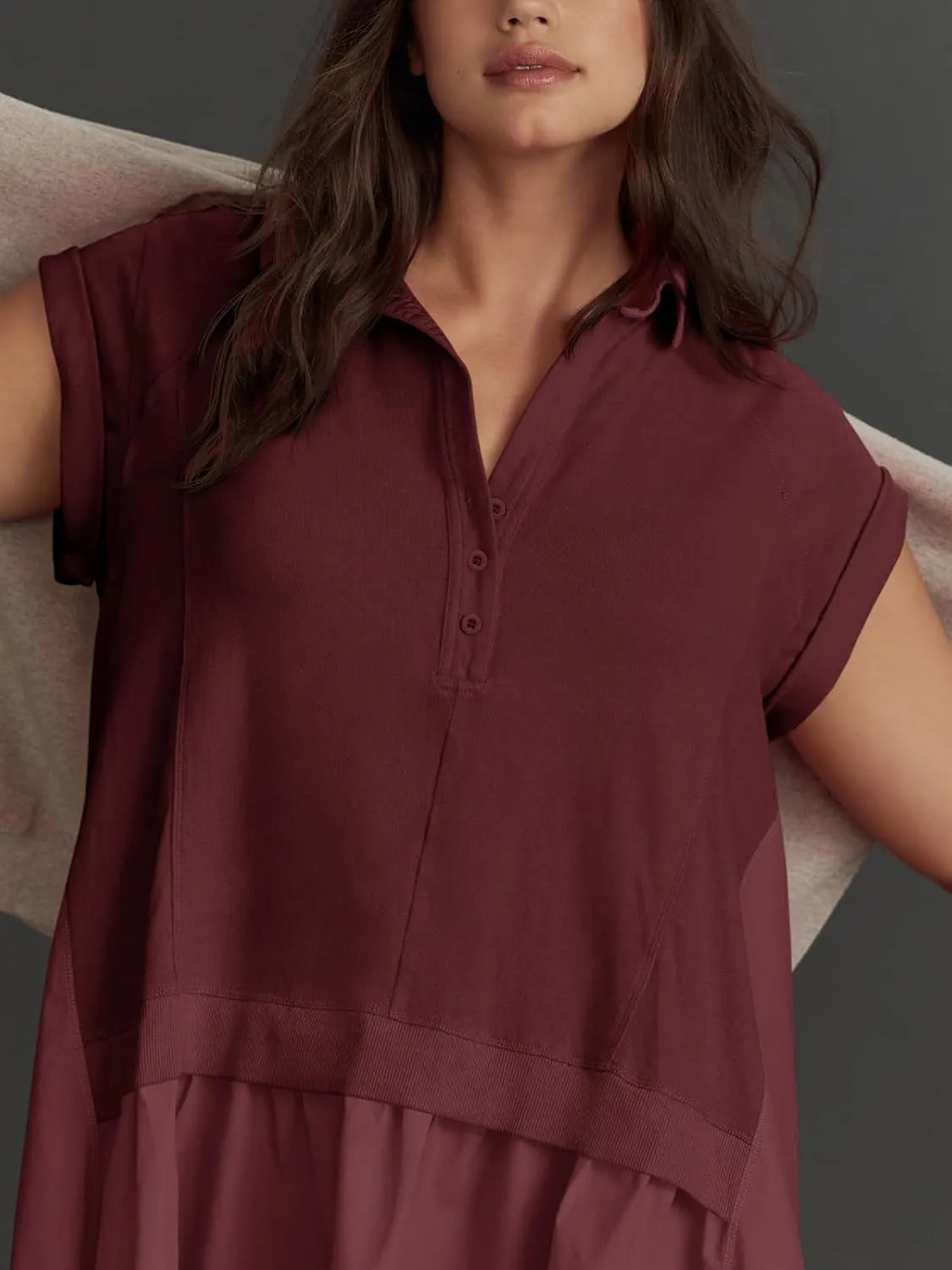 Fisoew Womens Summer Sweatshirt Dresses Short Sleeve V Neck Casual Oversized Patchwork Mini Dress