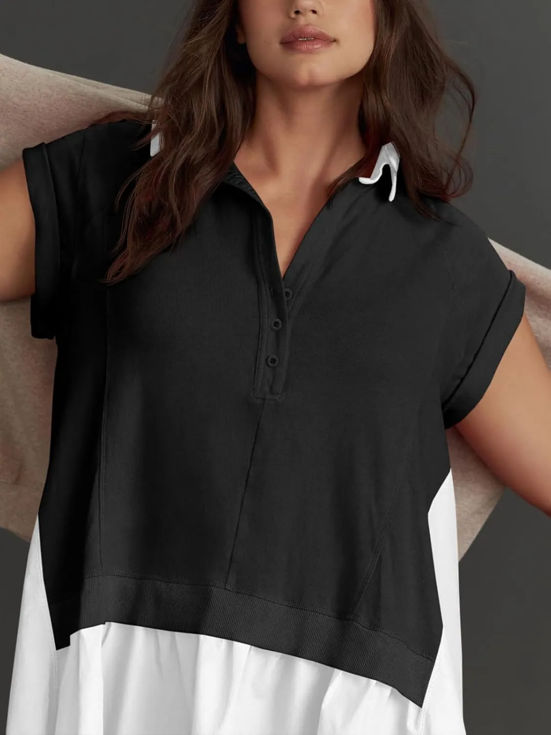 Fisoew Womens Summer Sweatshirt Dresses Short Sleeve V Neck Casual Oversized Patchwork Mini Dress